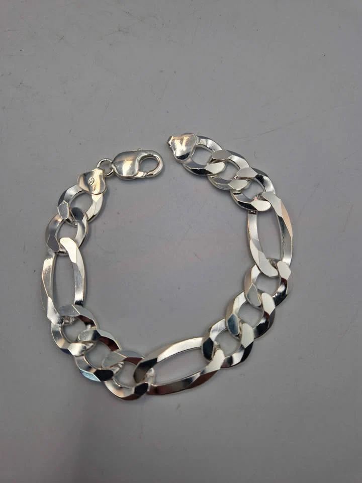 925 Sterling Silver 3 In 1 Figaro Bracelet - 15mm Wide - 9" Long - 32.6 Grams **BRAND NEW**