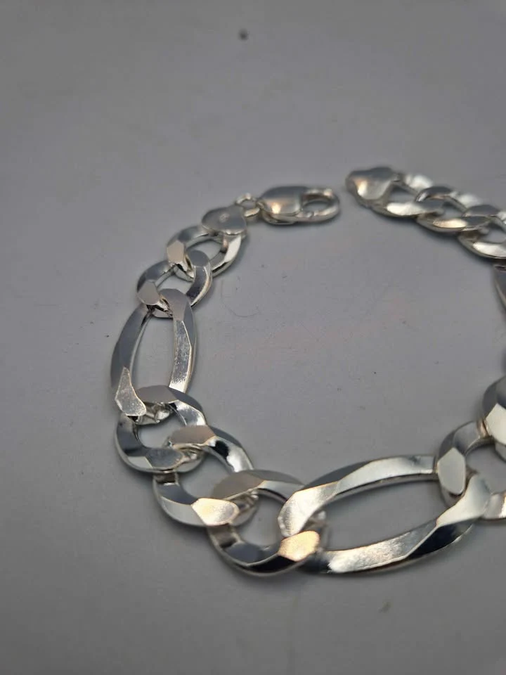 925 Sterling Silver 3 In 1 Figaro Bracelet - 15mm Wide - 9" Long - 32.6 Grams **BRAND NEW** - Image 2