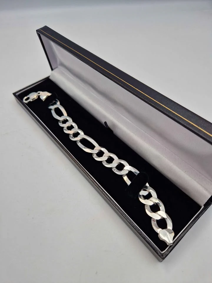 925 Sterling Silver 3 In 1 Figaro Bracelet - 15mm Wide - 9" Long - 32.6 Grams **BRAND NEW** - Image 4