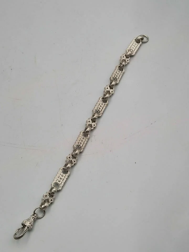 925 Sterling Silver Tulip Stars And Bars Bracelet With Albert Clasp - 9" Long - 63.12 Grams *NEW* - Image 3