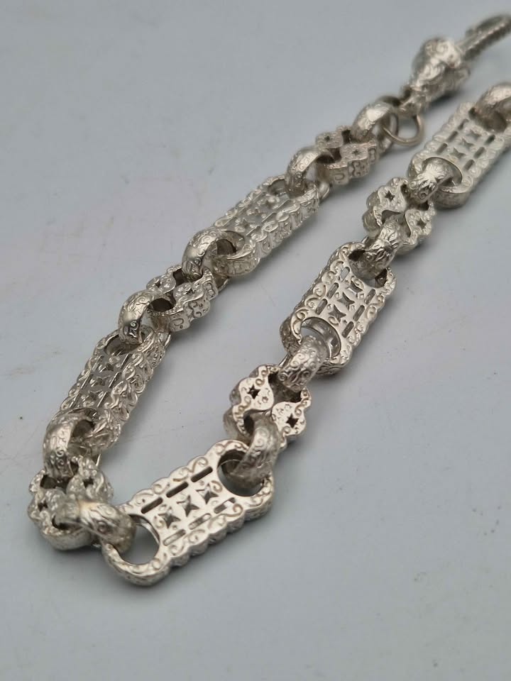 925 Sterling Silver Tulip Stars And Bars Bracelet With Albert Clasp - 9" Long - 63.12 Grams *NEW* - Image 4