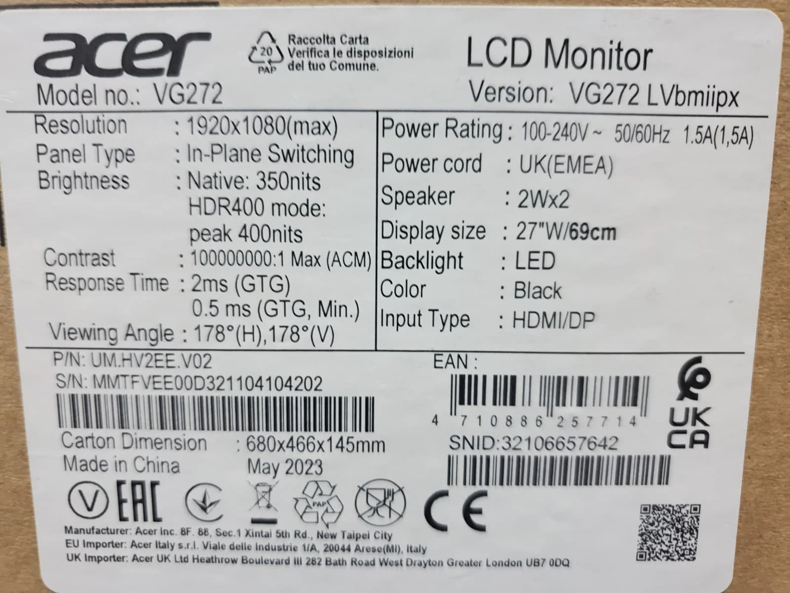 Acer 27'' VG272 Monitor - Image 2
