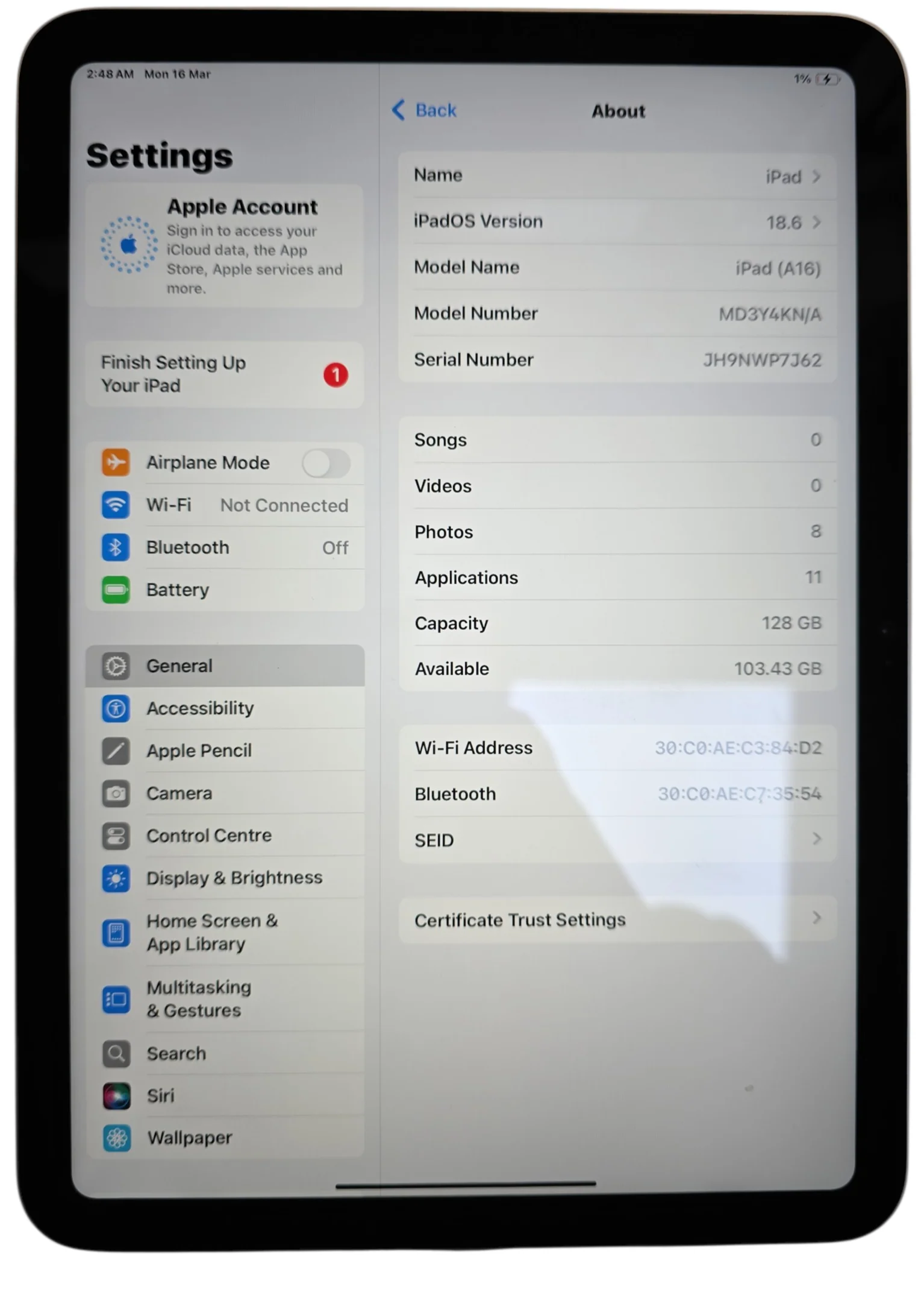 Apple iPad A16, 11 Inch, WiFi 128GB