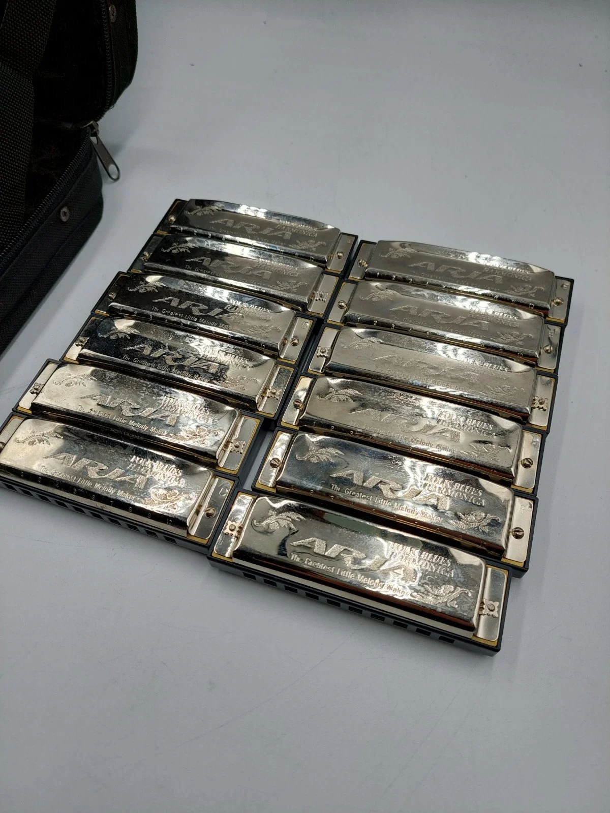 Aria Folk Blues 10-Hole Diatonic Silver Harmonicas Set of 12 - *Original Case* - Image 2