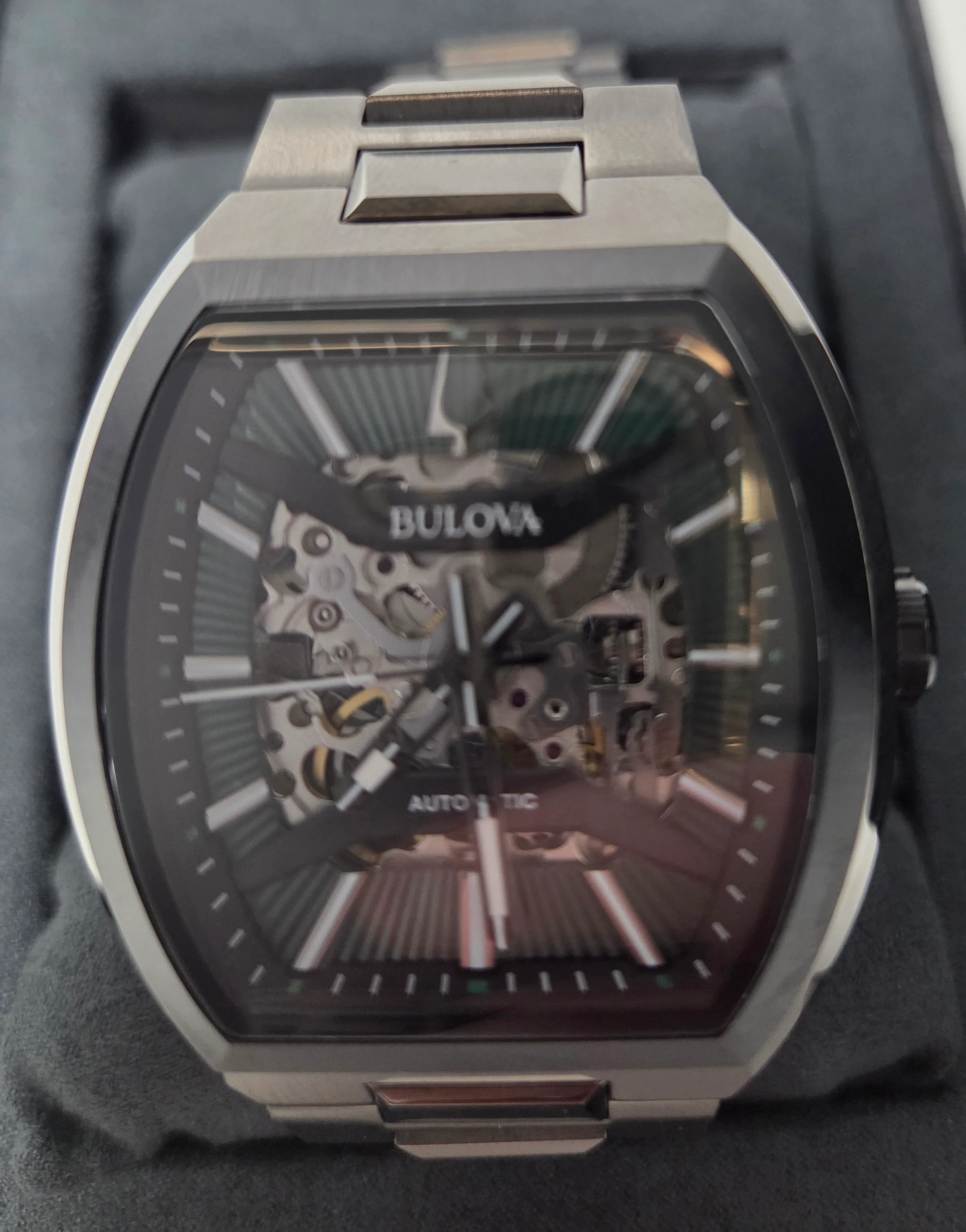 Bulova Maquina Men's Green Skeleton Dial Curve Glass Stainless Steel Watch - Image 4