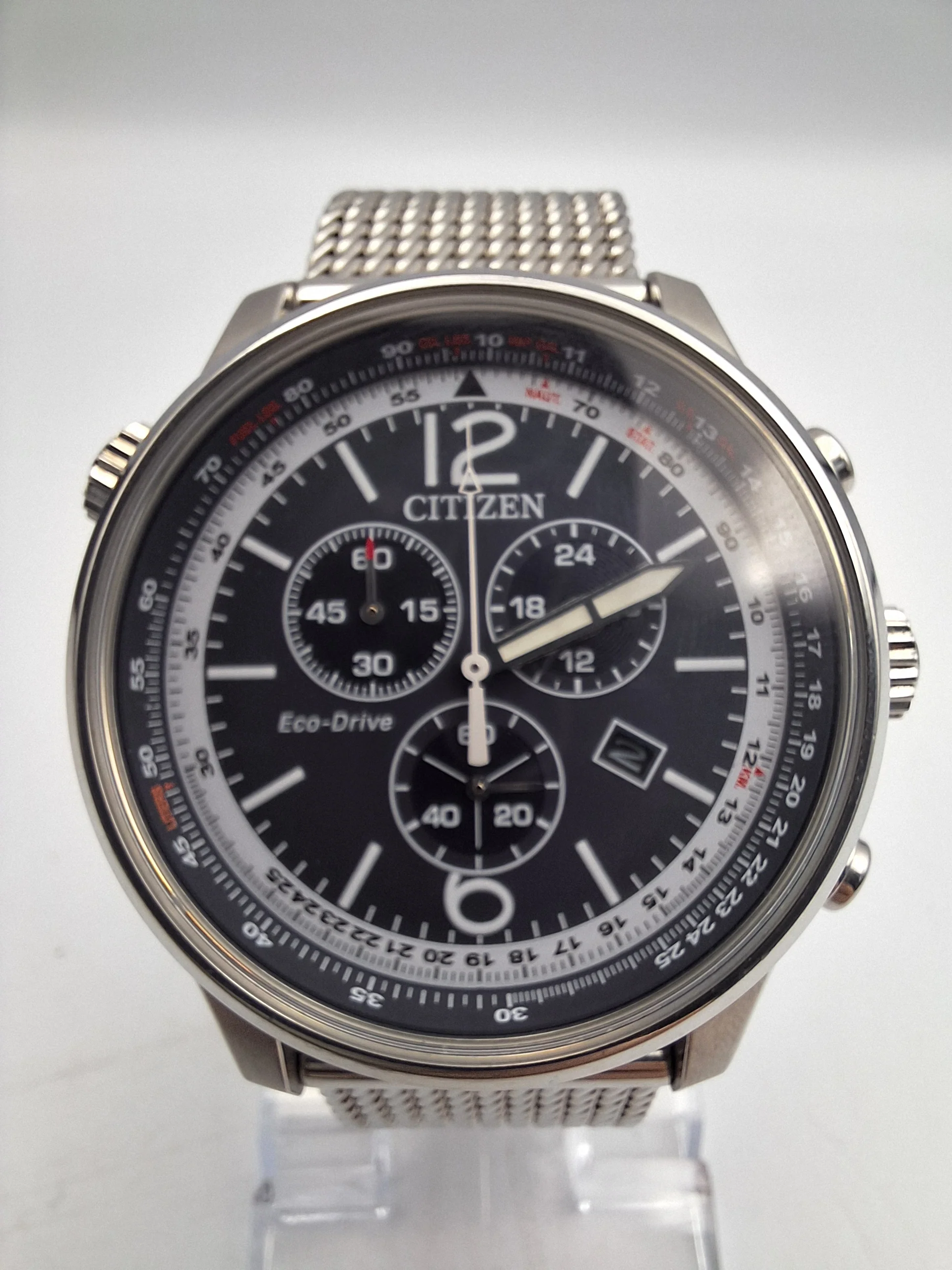 Citizen Eco-Drive men's chronograph black dial watch with mesh stainless steel strap and original box - Image 2