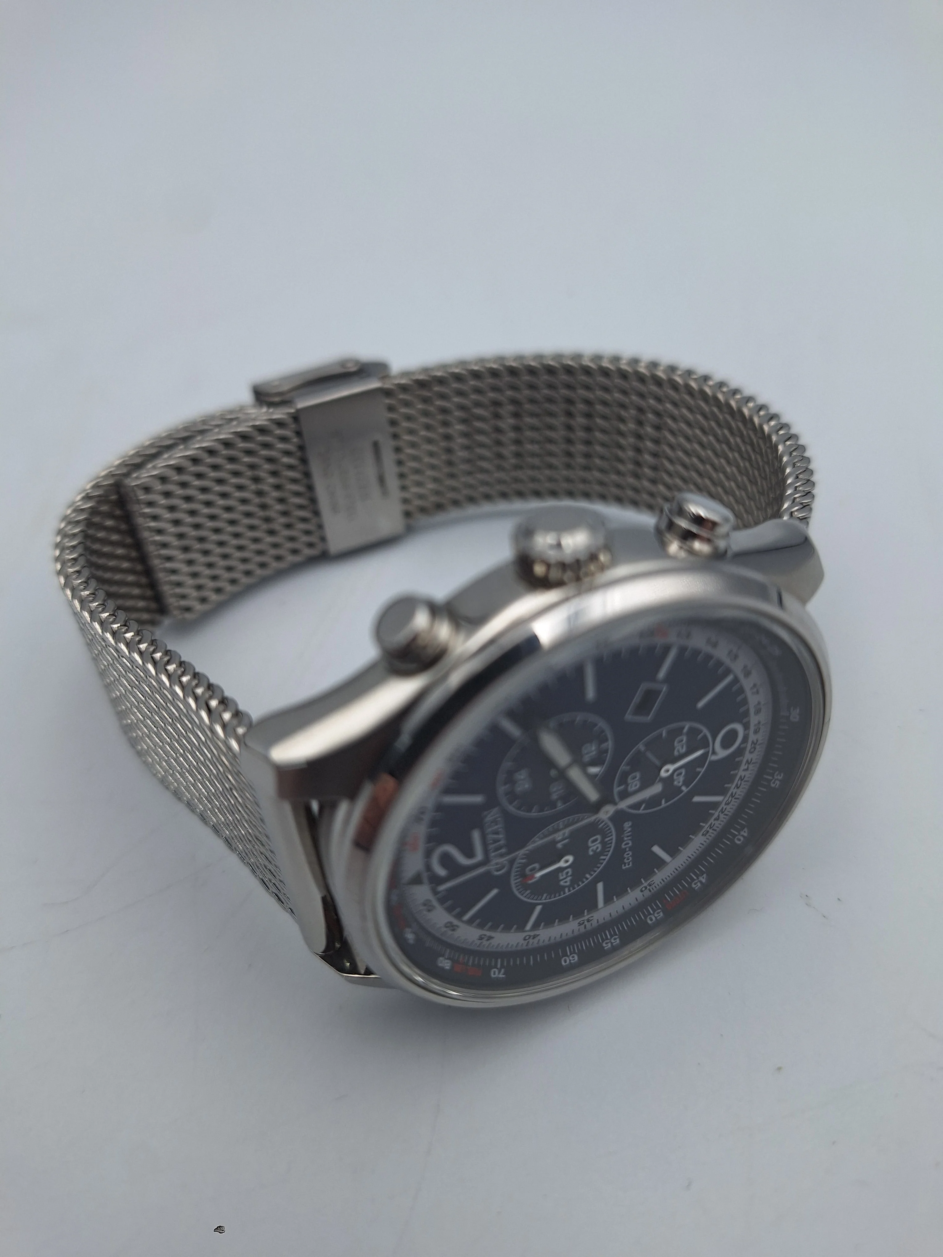 Citizen Eco-Drive men's chronograph black dial watch with mesh stainless steel strap and original box - Image 3