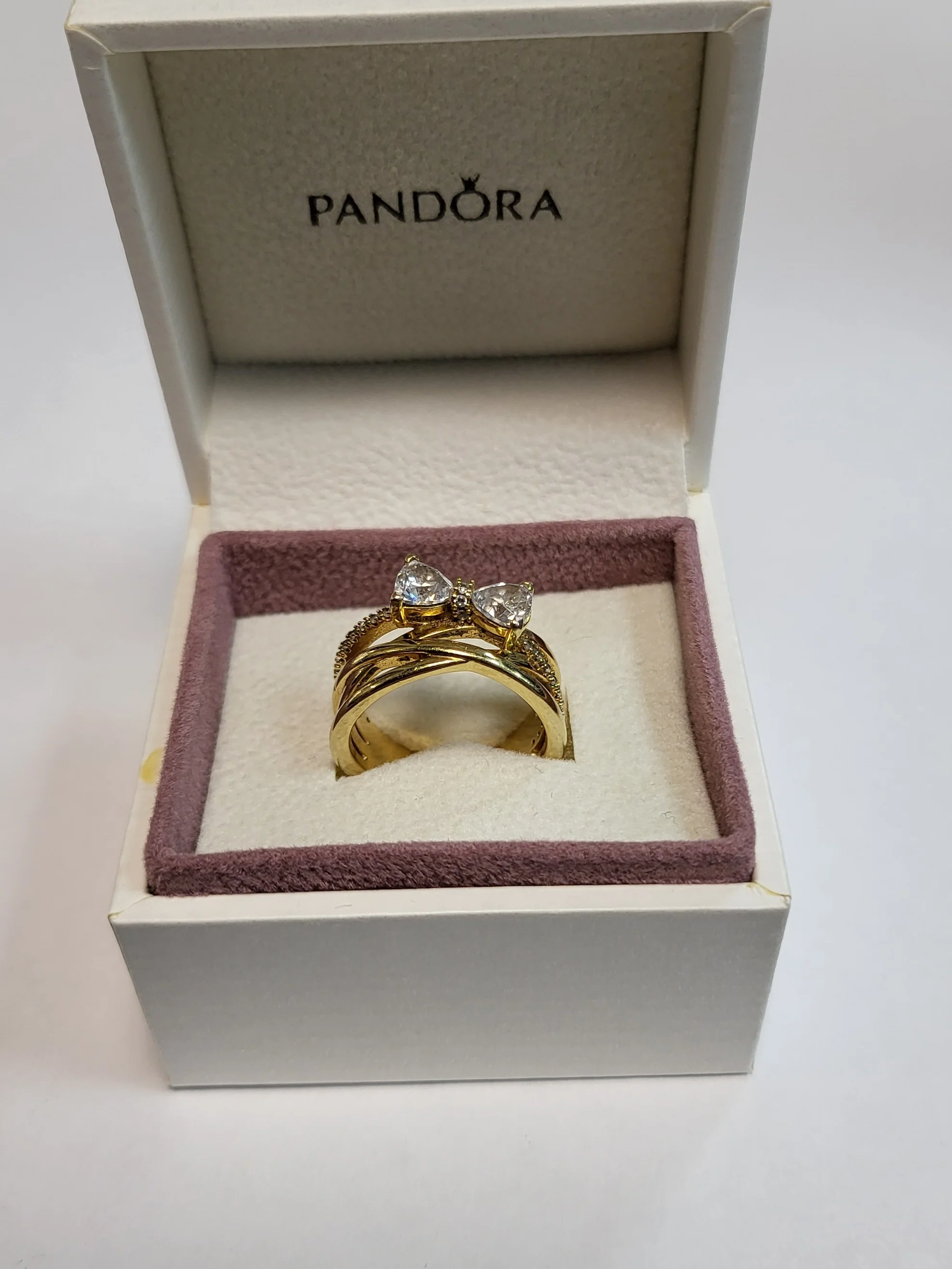 Pandora Gold Sparkling Bow & Crossover Band Ring - Size 50