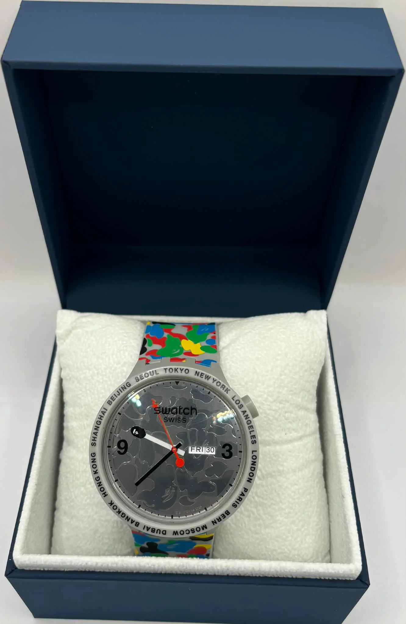 Swatch x BAPE Tokyo watch with generic boxed 47mm Big Bold celebrating the streetwear brand’s home city